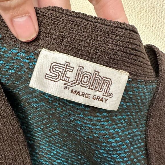 St. John Vintage 1970s V-Neck Green Brown‎ Buttoned Knit Sweater Cardigan Sz 12 - Picture 7 of 9